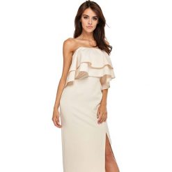 Beżowa Wieczorowa Maxi Sukienka z Podwójną Falbanką. Brązowe sukienki damskie Molly.pl, na imprezę, s, bez wzorów, eleganckie, z podwójnym kołnierzykiem, bez rękawów, maxi, gorsetowe. Za 238,90 zł.