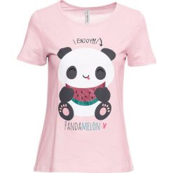 T-shirt bonprix różowy z nadrukiem. Różowe koszulki damskie marki bonprix, z nadrukiem, bez kołnierzyka. Za 34,99 zł.