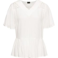 Shirt bluzkowy bonprix biały. Białe koszulki damskie bonprix, w koronkowe wzory, z koronki, eleganckie, z dekoltem w serek, bez rękawów. Za 99,99 zł.