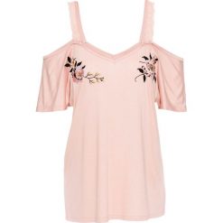Shirt z koronką i haftem bonprix różowy. Różowe koszulki damskie marki bonprix, w koronkowe wzory, z koronki, bez kołnierzyka, z krótkim rękawem. Za 44,99 zł.