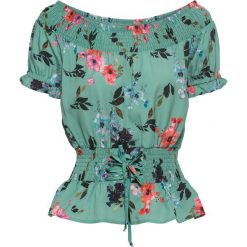 Bluzka z dekoltem carmen bonprix zielony szałwiowy w kwiaty. Zielone koszulki damskie bonprix, w kwiaty, bez kołnierzyka. Za 37,99 zł.