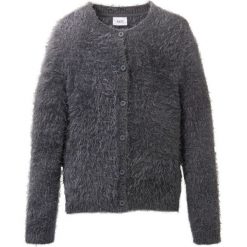 Sweter rozpinany z puszystej przędzy bonprix szary melanż. Szare swetry dziewczęce marki bonprix, bez wzorów, z dzianiny, z okrągłym kołnierzem, z długim rękawem, długie, bez kaptura. Za 34,99 zł.