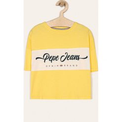 Pepe Jeans - T-shirt dziecięcy Maylis 128-180 cm. Żółte bluzki dziewczęce Pepe Jeans, z nadrukiem, z bawełny, z okrągłym kołnierzem, z krótkim rękawem, krótkie, bez kaptura. Za 119,90 zł.