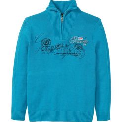 Sweter ze stójką bonprix ciemnoturkusowy. Niebieskie swetry męskie bonprix, s, z haftami, ze stójką, bez kaptura. Za 79,99 zł.