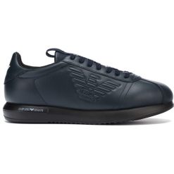 Emporio Armani Tenisówki Niebieski. Niebieskie trampki męskie Emporio Armani, bez wzorów, ze skóry, bez zapięcia. Za 1021,95 zł.