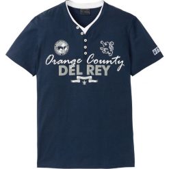 Shirt z dekoltem henley bonprix ciemnoniebieski. Niebieskie koszulki męskie bonprix, s, z aplikacjami, bez kołnierzyka, bez rękawów. Za 44,99 zł.