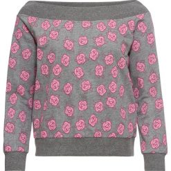 Bluza dresowa z dekoltem "carmen" bonprix szary melanż z nadrukiem. Szare bluzy damskie bonprix, z nadrukiem, z dresówki, bez rękawów, bez kaptura. Za 79,99 zł.