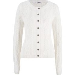 Sweter rozpinany w warkocze bonprix biel wełny. Białe swetry damskie bonprix, bez wzorów, z wełny, bez rękawów, bez kaptura. Za 109,99 zł.