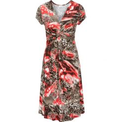 Sukienka shirtowa bonprix brązowy wzorzysty. Pomarańczowe sukienki damskie bonprix, z nadrukiem, bez kołnierzyka, bez rękawów. Za 49,99 zł.