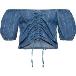 Bluzka z dekoltem carmen bonprix niebiesko-biały w paski. Niebieskie bluzki damskie bonprix, w paski, z bawełny, bez kołnierzyka, bez rękawów. Za 34,99 zł.