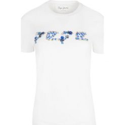 T- shirt Pepe Jeans. Białe koszulki damskie Pepe Jeans, bez wzorów, z jeansu, bez kołnierzyka, bez rękawów. Za 179,00 zł.