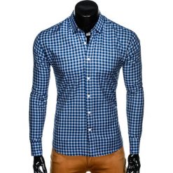 KOSZULA MĘSKA W KRATĘ Z DŁUGIM RĘKAWEM K438 - GRANATOWA/ŻÓŁTA. Żółte koszule męskie Ombre Clothing, s, bez wzorów, z bawełny, bez kołnierzyka, z długim rękawem. Za 39,00 zł.