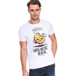 T-shirt ze świątecznym z nadrukiem. Białe t-shirty męskie Top Secret, na zimę, s, z nadrukiem, z bawełny, wizytowe, z okrągłym kołnierzem, krótkie. W wyprzedaży za 14,99 zł.