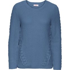 Sweter z koronkową wstawką, długi rękaw bonprix niebieski dżins. Niebieskie swetry damskie bonprix, bez wzorów, z koronki, z długim rękawem, długie, bez kaptura. Za 54,99 zł.