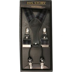 Szaro-Czarne Szerokie Szelki Męskie, Skóra Naturalna -HIS STORY- Stylowe, w Kratkę SZHSTR0012. Szare szelki męskie His Story. Za 49,00 zł.