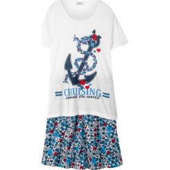 T-shirt + spódniczka z falbanami (2 części) bonprix biało-ciemnoniebieski. Białe spódniczki dziewczęce marki bonprix, z nadrukiem. Za 69,99 zł.