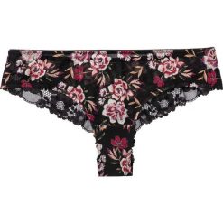Figi brazylijskie bonprix czarny w kwiaty. Czarne majtki damskie bonprix, z nadrukiem, z koronki. Za 29,99 zł.