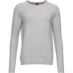 Sweter z kamieniami bonprix szary melanż. Szare swetry klasyczne damskie bonprix, z okrągłym kołnierzem. Za 74,99 zł.