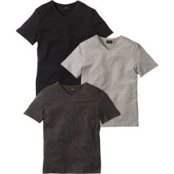 T-shirt z dekoltem w serek (3 szt.) bonprix antracytowy melanż + jasnoszary melanż + czarny. Szare koszulki męskie bonprix, s, bez wzorów, z dekoltem w serek, bez rękawów. Za 74,97 zł.