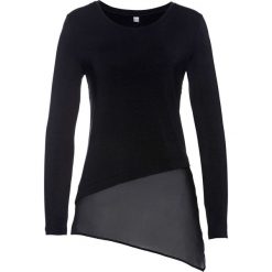 Długi shirt z szyfonem bonprix czarny. Czarne koszulki damskie bonprix, bez wzorów, z szyfonu, z asymetrycznym kołnierzem, z długim rękawem. Za 59,99 zł.