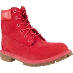 Timberland czerwone 6 Inch Premium Waterproof Boot Tomato. Czerwone glany damskie Timberland, ze skóry, za kostkę, na wysokim obcasie, bez zapięcia. W wyprzedaży za 539,00 zł.