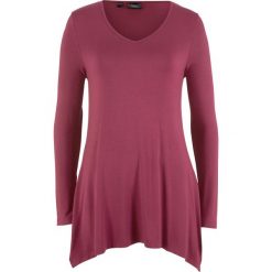 Shirt z dłuższymi bokami i dekoltem w serek bonprix czerwony rododendron. Fioletowe koszulki damskie bonprix, bez wzorów, z dekoltem w serek, bez rękawów. Za 49,99 zł.
