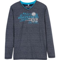 Shirt z długim rękawem bonprix ciemnoniebieski melanż. Niebieskie t-shirty chłopięce bonprix, z nadrukiem, z długim rękawem. Za 37,99 zł.