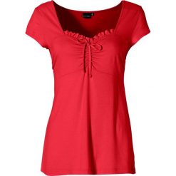 Shirt bonprix truskawkowy. Czerwone koszulki damskie bonprix, bez wzorów, z materiału, bez kołnierzyka, bez rękawów. Za 44,99 zł.