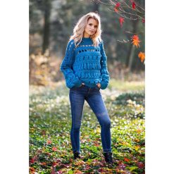 Morski Krótki Sweter z Dziurami. Zielone piżamy damskie marki Molly.pl, uniwersalny, bez wzorów, ze splotem, sportowe, z krótkim rękawem, krótkie, bez kaptura. Za 178,90 zł.