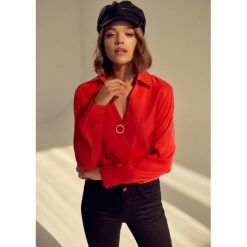 Pomarańczowa Koszula Repetitive. Pomarańczowe bluzki damskie Born2be, s, z aplikacjami, z jeansu, eleganckie, z okrągłym kołnierzem. Za 129,99 zł.