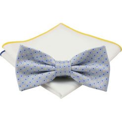 Mucha z poszetką - Chattier, Męska - Błękit w Groszki MUCH0430. Niebieskie muszki męskie Chattier, na imprezę, w paski, eleganckie. Za 44,00 zł.