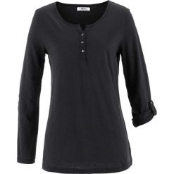 Shirt bawełniany z plisą guzikową, długi rękaw bonprix czarny. Czarne tuniki damskie bonprix, bez wzorów, z bawełny, bez kołnierzyka, z długim rękawem. Za 49,99 zł.