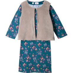 Sukienka z długim rękawem + kamizelka z futerka baranka (2 części) bonprix niebieskozielono-kamienisty. Niebieskie sukienki dziewczęce bonprix, bez wzorów, eleganckie, z długim rękawem, długie. Za 84,99 zł.