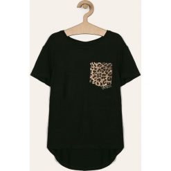 Guess Jeans - T-shirt dziecięcy 118-175 cm. Czarne bluzki dziewczęce Guess Jeans, z aplikacjami, z elastanu, z okrągłym kołnierzem, z krótkim rękawem, krótkie, bez kaptura. Za 99,90 zł.