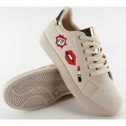 Trampki z naszywkami sweet lips FB-15 BEIGE/GOLD. Brązowe trampki i tenisówki damskie obuwie damskie, z tkaniny. Za 49,95 zł.