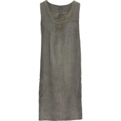 Sukienka lniana z koronką bonprix khaki. Zielone sukienki damskie bonprix, na lato, w koronkowe wzory, z koronki, bez kołnierzyka, bez rękawów. Za 129,99 zł.