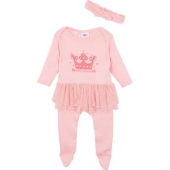 Pajacyk niemowlęcy + opaska na czoło (2 części), bawełna organiczna bonprix różowy kwarc. Różowe body niemowlęce bonprix, z nadrukiem, z bawełny, bez rękawów. Za 64,99 zł.