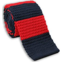 Dziergany Krawat Męski Knit w Grube Pasy - 5,5 cm - Alties, Czerwono-Granatowy KRALTS0074. Czerwone krawaty męskie Alties, w paski, z jeansu, sportowe. Za 44,00 zł.