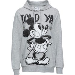 Bluza z kapturem i nadrukiem Myszki Minnie bonprix jasnoszary melanż. Szare bluzy damskie bonprix, z nadrukiem, z dzianiny, bez rękawów, z kapturem. Za 109,99 zł.