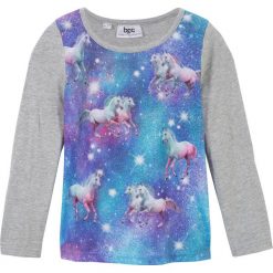 Shirt z długim rękawem i fotodrukiem z motywem jednorożca bonprix jasnoszary melanż. Szare bluzki dziewczęce bonprix, z nadrukiem, z bawełny, bez kołnierzyka, z długim rękawem, długie, bez kaptura. Za 34,99 zł.