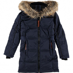 Płaszcz zimowy w kolorze granatowym. Niebieskie płaszcze dziewczęce Geographical Norway Kids & Women, na zimę, z aplikacjami, prążkowane. W wyprzedaży za 346,95 zł.