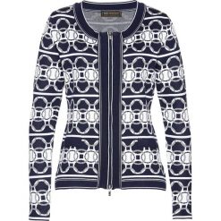 Sweter z zamkiem bonprix ciemnoniebiesko-biało-brunatny wzorzysty. Niebieskie swetry damskie bonprix, z aplikacjami, z żakardem, bez rękawów, bez kaptura. Za 109,99 zł.