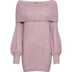 Sweter dzianinowy z szerokim golfem bonprix w kolorze bzu melanż. Fioletowe swetry damskie bonprix, bez wzorów, z dzianiny, bez rękawów, bez kaptura. Za 99,99 zł.