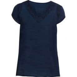Shirt z koronką bonprix ciemnoniebieski. Niebieskie koszulki damskie bonprix, w koronkowe wzory, z koronki, z dekoltem w serek, bez rękawów. Za 89,99 zł.