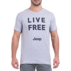 T-shirt w kolorze szarym. Szare t-shirty męskie Jeep, s, z nadrukiem, z okrągłym kołnierzem. W wyprzedaży za 54,95 zł.