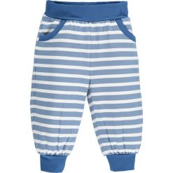 Spodnie w kolorze błękitno-białym. Niebieskie spodnie niemowlęce lamino, w paski, z bawełny. W wyprzedaży za 32,95 zł.