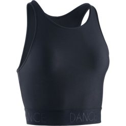 Crop top do tańca damski. Czarne topy damskie DOMYOS, bez wzorów, z elastanu, bez kołnierzyka. Za 34,99 zł.