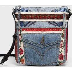 Desigual - Torebka. Niebieskie listonoszki damskie Desigual, w paski, z bawełny, na ramię, z aplikacjami. W wyprzedaży za 199,90 zł.