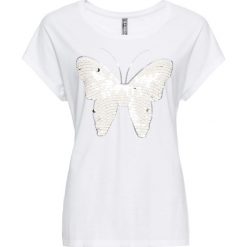 Shirt z cekinami bonprix biały. Białe koszulki damskie bonprix, z aplikacjami, z okrągłym kołnierzem, z krótkim rękawem. Za 54,99 zł.