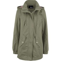 Parka przejściowa z kapturem z nadrukiem bonprix oliwkowy. Zielone parki damskie bonprix, z nadrukiem. Za 179,99 zł.